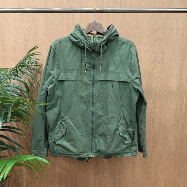 폴로 랄프로렌 후드 집업 자켓 요크 절개 스트링 로고 자수 디테일 카키