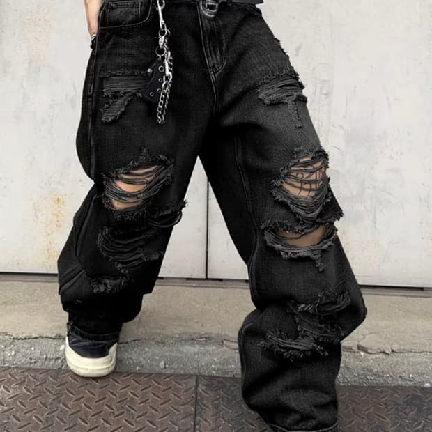 (Unisex) y2k 블랙 세미와이드 디스트로이드 루즈 데님