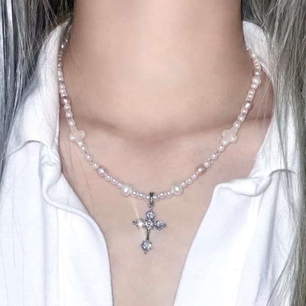 에스투에스 s2002tears 십자가 진주 목걸이