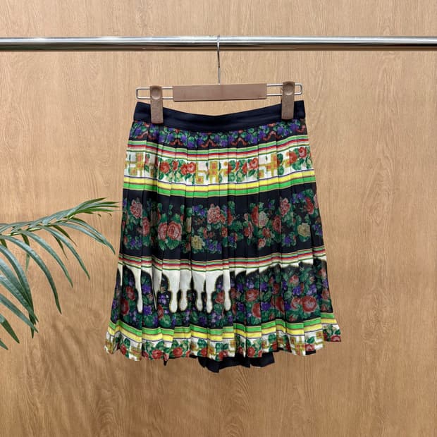 베르사체 쿠튀르 플리츠 미니 스커트 플로럴 바로크 믹스 패턴