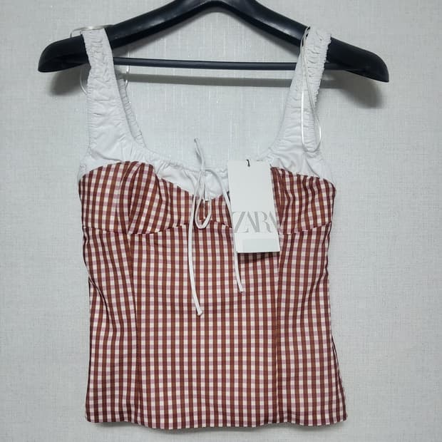 새상품 자라 슬리브리스 탑 체크 뷔스티에 코르셋 크롭 나시