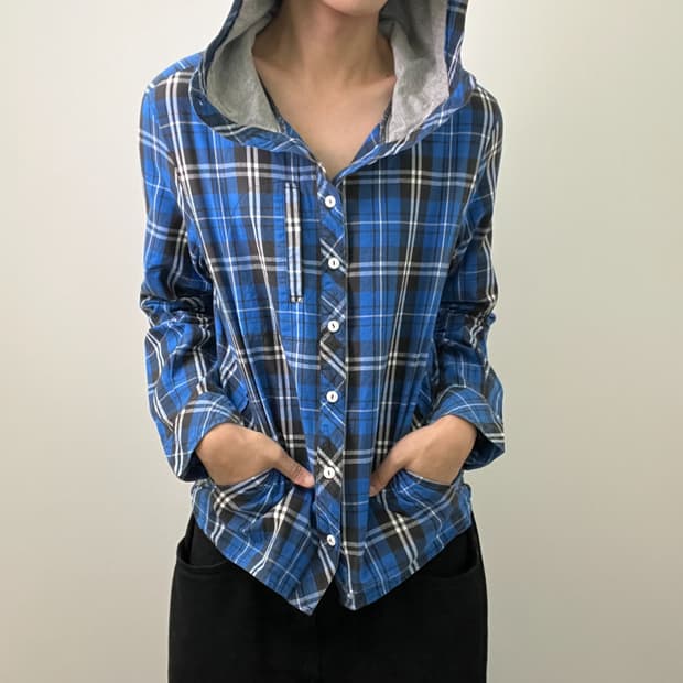 grn 블루 체크 후드 셔츠 자켓 L