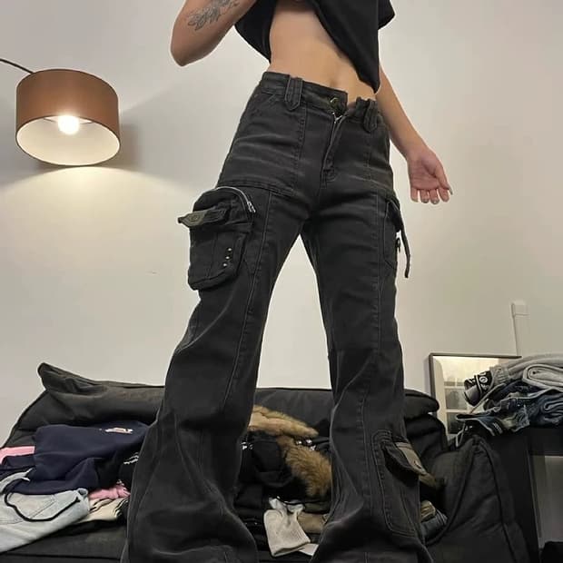 워싱 블랙 카고 부츠컷 팬츠