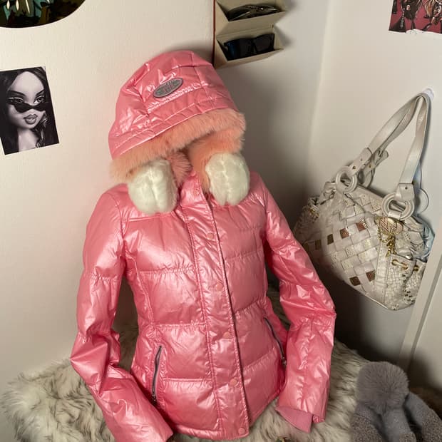 빈티지 엘르 핑크 글로시 퍼 패딩