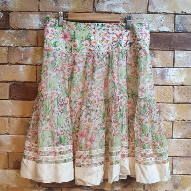 블루마린 플라워 실크 빈티지 스커트 42