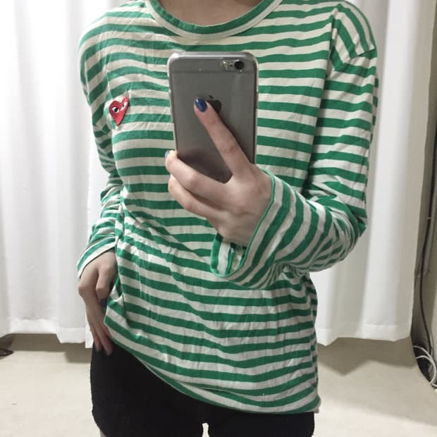 꼼데가르송 그린 스트라이프 단가라 롱슬리브 긴팔 티
