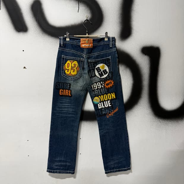 VTG 빈티지 멀티 패치 디테일 진청 와이드 데님 팬츠