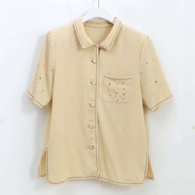 일본빈티지 옐로우 스티치 자수 반팔 블라우스