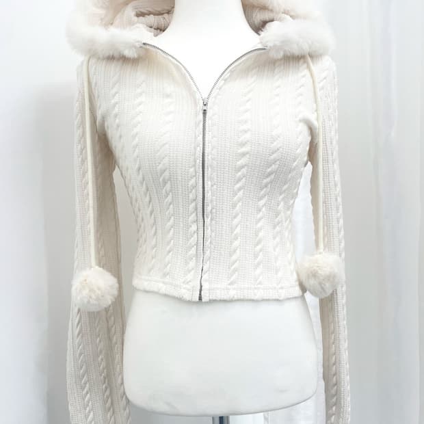 쌩 화이트 폼폼 후드 집업