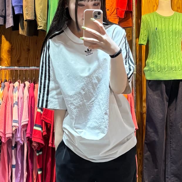 L 아디다스 파이어버드 화이트 삼선 나일론 반팔 