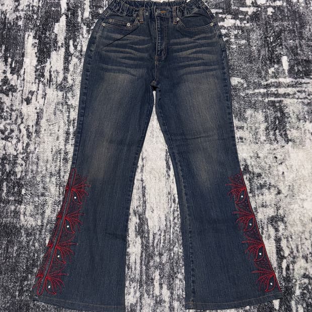 {UNKNOWN} Red Embroidered Flare Jeans   