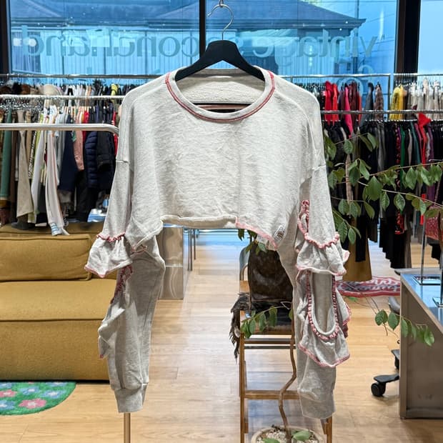 vtg 멜란지 그레이 셔링 크롭 스웻 셔츠 