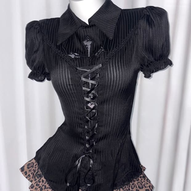 고딕 펑크 쿠로 갸루 프린세스 십자가 레이스 프릴 코르셋 셔츠 블라우스