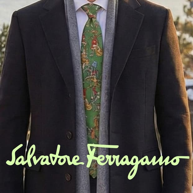 페라가모 실크 다크그린 아트 모티브 넥타이 9.2cm B등급 A19043