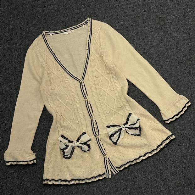 M)Axes femme 빈티지 여성 아이보리 리본 레이스 가디건