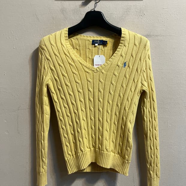 폴로 랄프 로렌 옐로우 케이블 브이넥 스웨터