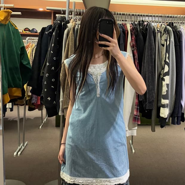 M)Japanese vintage 스카이 블루/화이트 레이스 나시 원피스