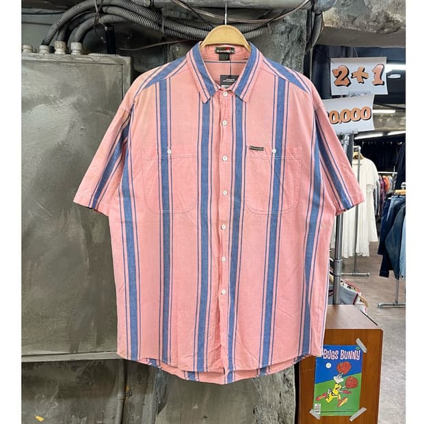빈티지 스트라이프 포켓 반팔 셔츠 핑크 XL #csz4082