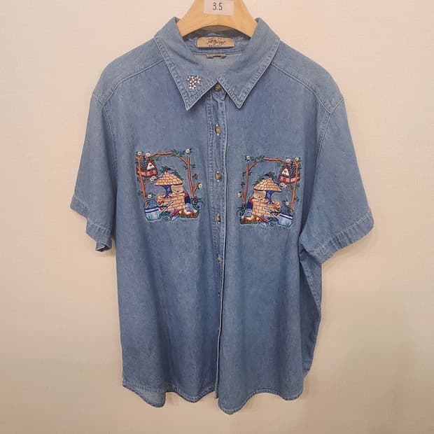 ((미국 빈티지))곰돌이🐻자수 데님 반팔 청남방
