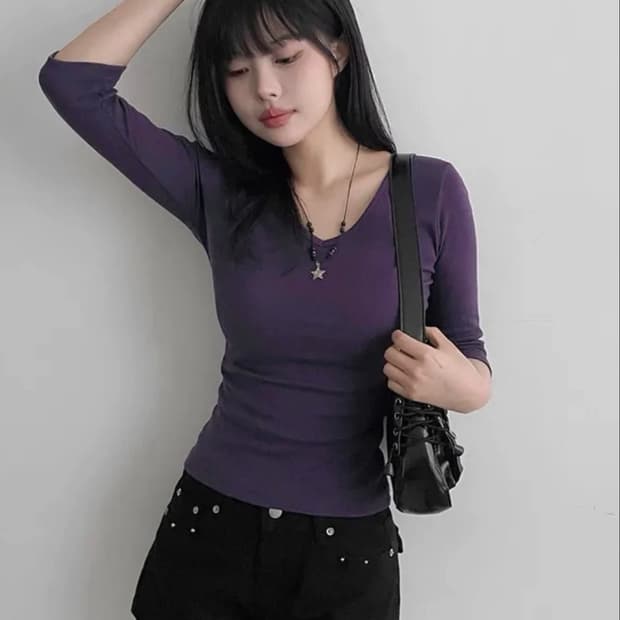 (새상품) 슬림핏 핏쉬 셔링 7부티 퍼플
