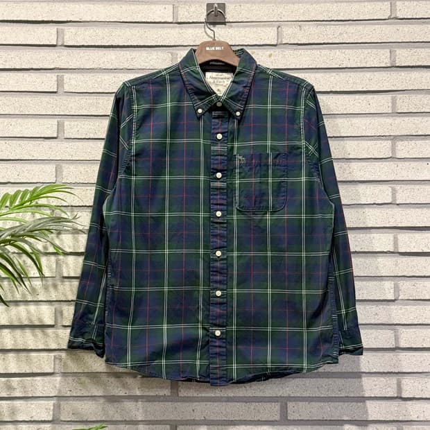 아베크롬비 체크 셔츠 시그니처 자수 로고 원포켓 디테일 그린