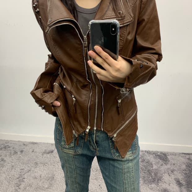 브라운 레쟈 절개 커팅 라이더 자켓
