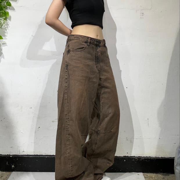 빈티지 워싱 브라운 항아리핏 와이드 데님 팬츠 청바지 