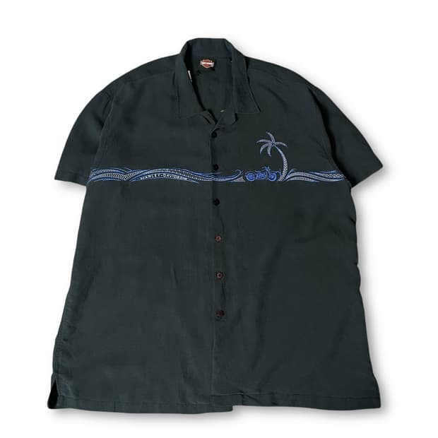 할리데이비슨 네이비 하와이안 블루 자수 반팔 셔츠 3XL