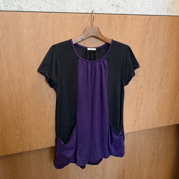 빈티지 반팔 롱 티셔츠 셔링 퍼플 배색 디테일 루즈핏 블랙