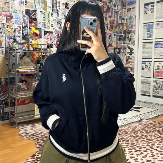 Y2K 쥬시꾸뛰르 네이비 오버핏 큐빅 후드집업