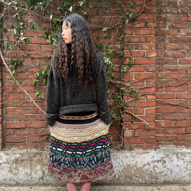 히피 패턴 니트 패치 스커트