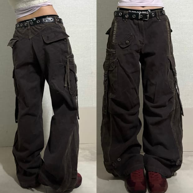 브라운 사이드스트랩 와이드 카고팬츠