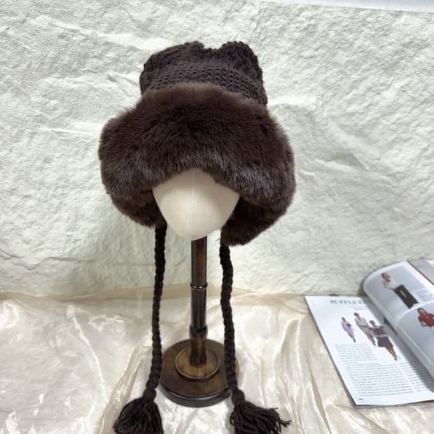 빈티지 퍼 니트 기모 귀달이 모자