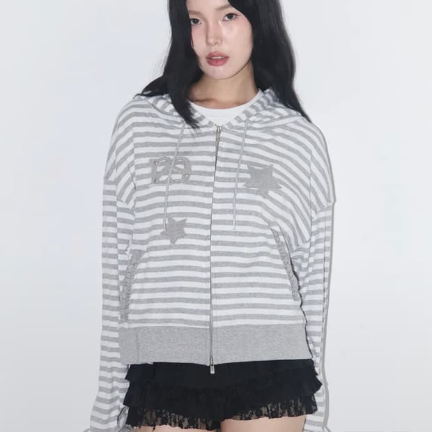 스타리 스트라이프 후드집업 멜란지