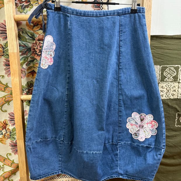 히피 하구미 데님 플라워 패치 벌룬 스커트