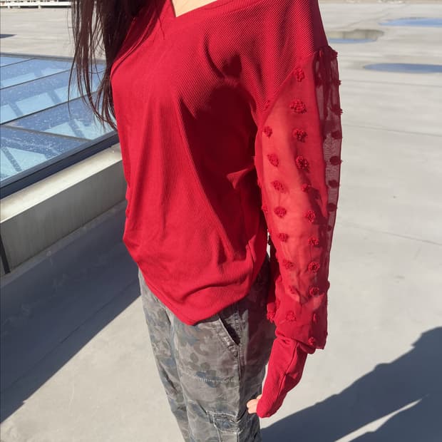 Red Sheer-sleeve Top 레드 쉬어슬리브 탑