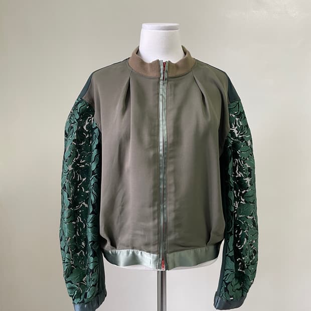 빈티지 Rosier 플로럴 레이스 슬리브 배색 집업 자켓