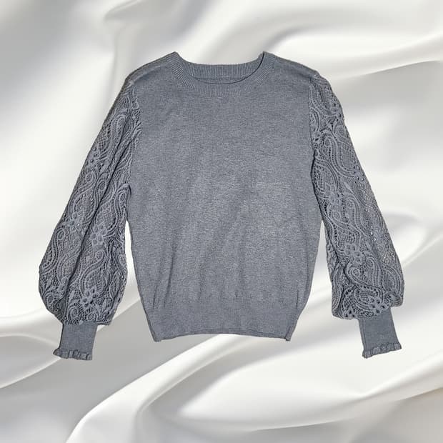 일본 빈티지 레이스 퍼프 소매 그레이 니트
