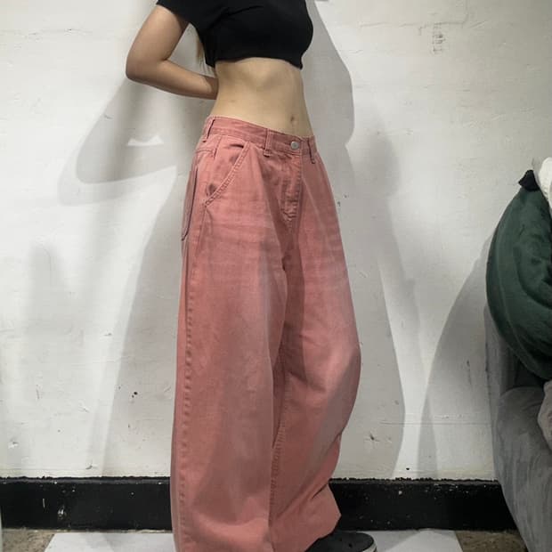 빈티지 Lab 핑크 와이드 데님 팬츠 벌룬 청바지 S