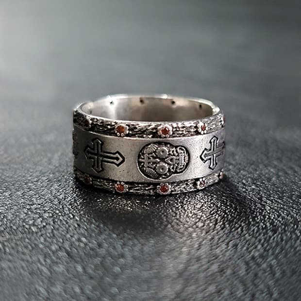 Deathforge 백동 남자 엔틱 빈티지 명품 보석 십자가 해골 반지