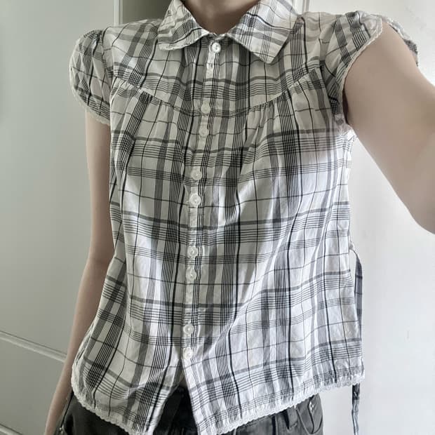 일본 빈티지 체크 레이스 셔링 퍼프 셔츠