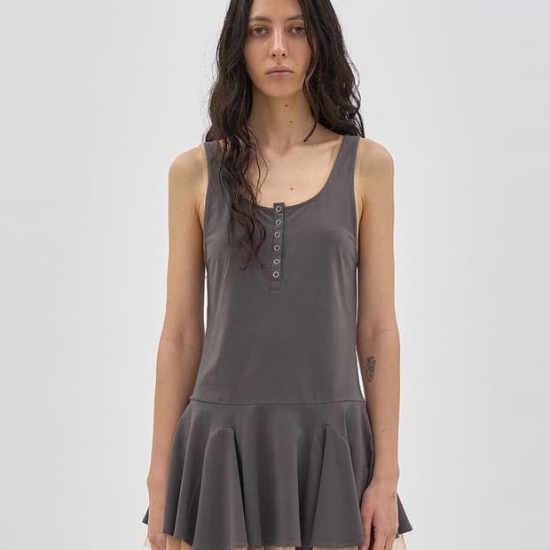 파르티멘토)차콜 콘트라스트 버튼업 레이어드 플레어 미니원피스발레코어빈티지