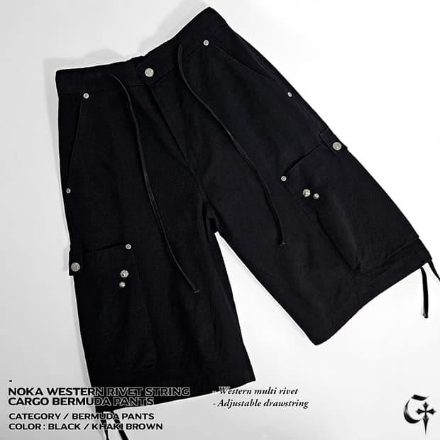 Noka 웨스턴 리벳 스트링 카고 버뮤다 팬츠 (black)