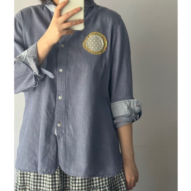 둥근카라 블라우스 수제패치 일본빈티지
