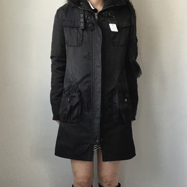 Fur hood belted filed jacket