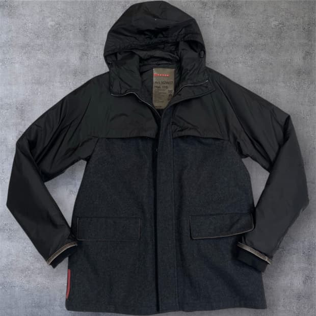 프라다 Prada 블랙 차콜 나일론 울 믹스 후드 자켓 점퍼 52