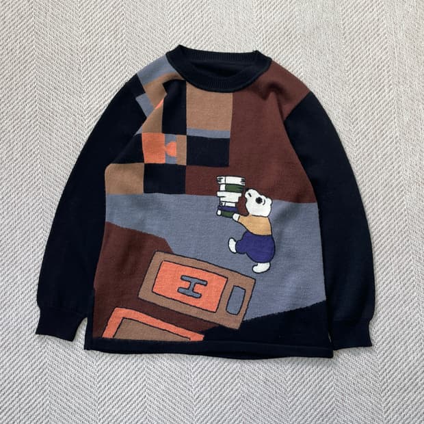 빈티지 아트 베어 북 그래픽 울 니트