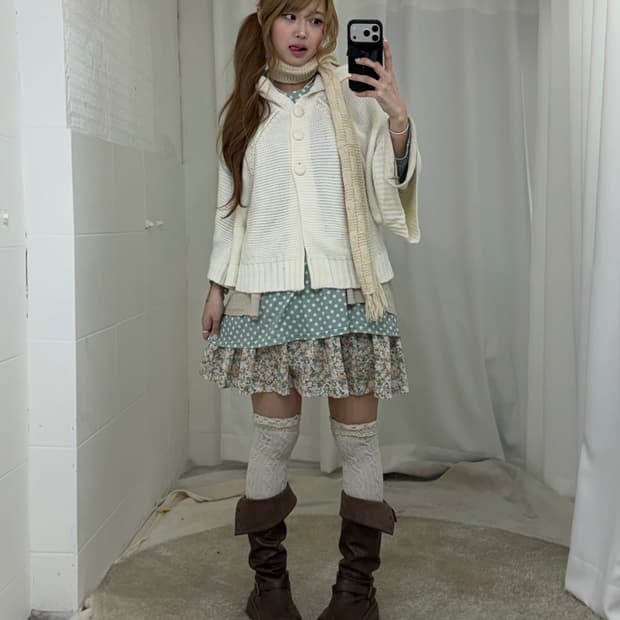 민트 도트 히피 하구미 모리걸 케이프 코디세트