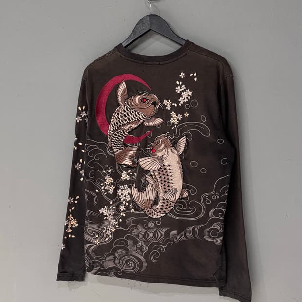 Harakari 오리엔탈 코이 사쿠라 자수 롱슬리브