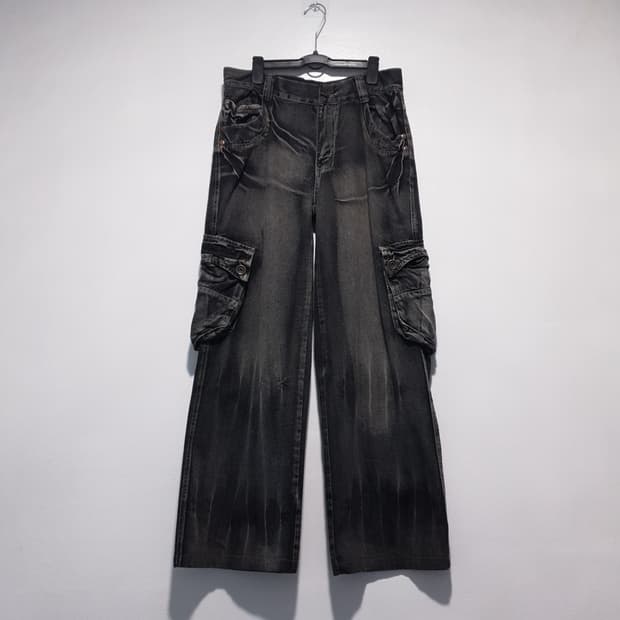 ENGEIN 엔게인 워싱 카고 멀티포켓 와이드 탄창 흑청 데님 팬츠 32